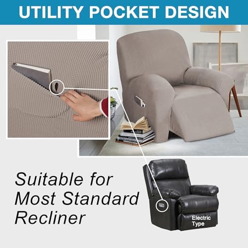 Flamingo P Stretch Recliner Chair Cover Recliner Cover for Electric/Manual Style | Furniture Cover for Reclining with Side Pocket, Soft Checked Jacquard Fabric Form Fitted Standard/Oversized - Taupe