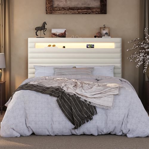 SHA CERLIN Full Bed Frame with LED Light & 2-Tier Storage Shelf, Cream