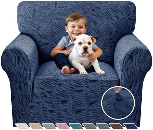 YEMYHOM 1 Piece Stretch Chair Sofa Slipcovers Couch Covers for 1 Seat, Jacquard Armchair Covers with Non-Slip Elastic Bottom, Thickened Furniture Protector for Dogs Pets kids (Small, Navy）