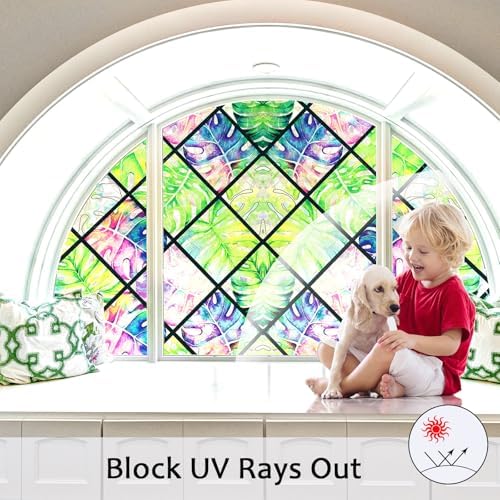 Stained Glass Window Film, 3D Leaf Static Cling 17.5" x 78.7