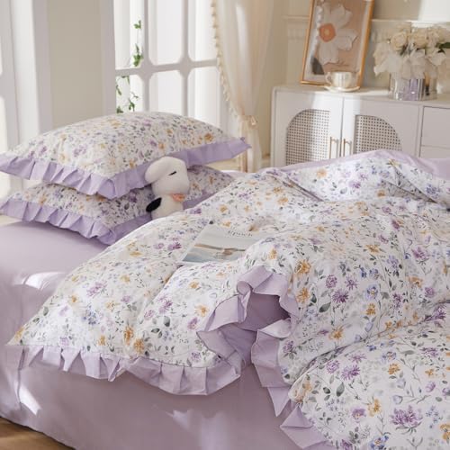 mixinni Floral Duvet Cover Set Twin Size, 100% Cotton 3-Piece Bedding Set with Ruffled Lace, Reversible Lavender Wildflower Ruffle Design, Soft Aesthetic Cottagecore Duvet Cover with Zipper Closure