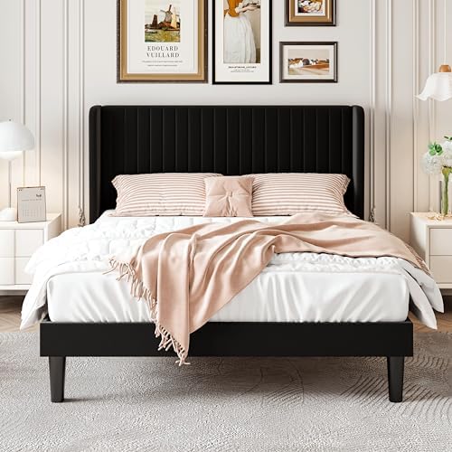 SHA CERLIN Full Size Velvet Bed Frame, Tufted Wingback Headboard, Black