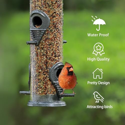MIXXIDEA 1PK Metal Bird Feeders with 6 Feeding Ports,Tube Bird Feeder with Steel Hanger,Hard Plastic Wild Bird Feeder for Outdoors Hanging, Attracting Birds in Your Lawn, Garden, Balcony-Grey