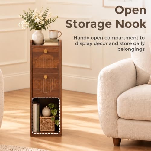 Narrow Nightstand Set of 2, Bedside Table with 2 Drawers, Walnut