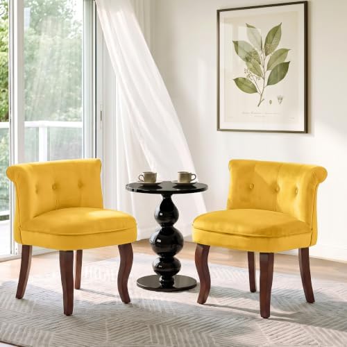 WUTUTUEE Velvet Vanity Chair with Back, Tufted Upholstered Vanity Stool with Solid Wood Legs, Mid Century Small Makeup Chair for Vanity, Accent Chair for Bedroom, Living Room, Yellow