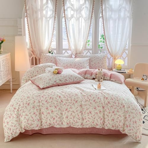 Girl's Pink Flower Duvet Cover Set 100% Cotton Twin(68"x86"),Pink White