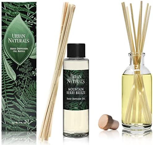 Urban Naturals Reed Diffuser Oil Refill, Mountain Berry Breeze Diffuser Oils with Juniper, Jasmine, Apple, 4 oz + Free Reed Sticks, Made in the USA