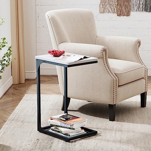QEEIG C Shaped End Table Side Tables for Couch Set of 2, White & Black