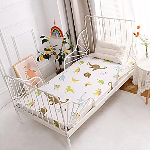Bedding Fitted Sheet with Deep Pocket,Dino Printed Fabric Bed Sheets,Soft Dino Pattern Sheets for Kids Twin Size Bed (White(Dinosaur), Twin)