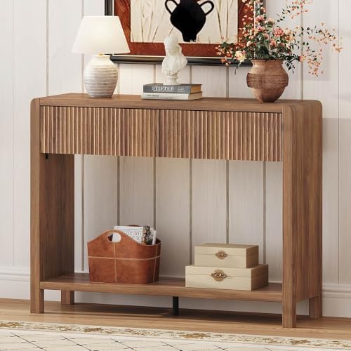 FATORRI Console Table with Storage, Mid-Century Farmhouse Entryway Table with Drawers and Shelf, 39.37 inch Wood Sofa Tables Behind Couch for Living Room, Hallway, Kitchen, Foyer (Walnut)