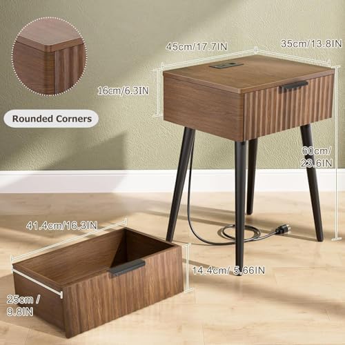 HAIOOU Fluted Mid Century Modern Nightstands Set of 2 with Charging Station