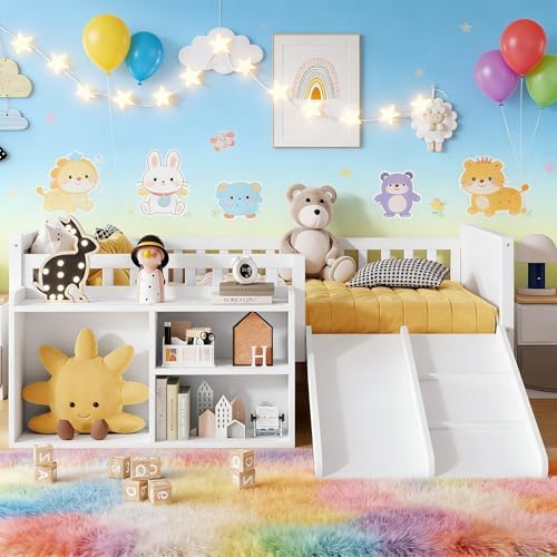 SOFTSEA Twin Size Kids Low Loft Bed with Slide, Wood Loft Bed Frame with Storage Shelves and Guardrails for Boys Girls, White