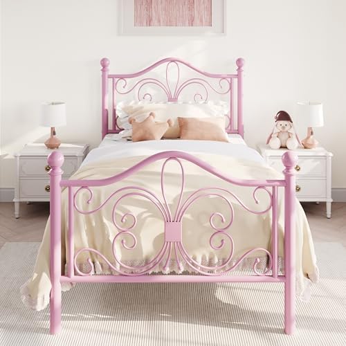 SHA CERLIN Twin Size Metal Bed Frame with Butterfly Headboard, Pink