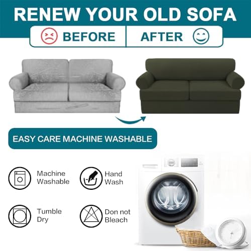 Turquoize 3 Piece T Cushion Sofa Slipcovers Stretch Couch Cover Furniture Covers with 2 Individual T Cushion Covers, Machine Washable (2 Cushion Sofa, Olive)