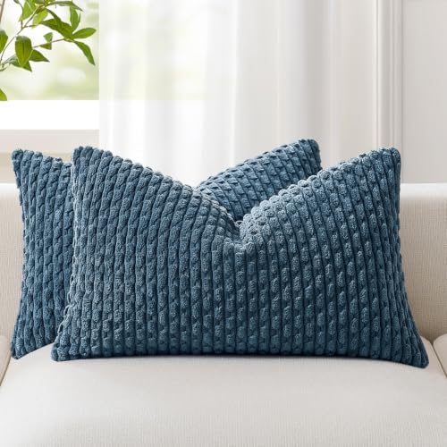Kevin Textile Soft Corduroy 12"x20" Lumbar Pillow Covers 2 Pack, Blue