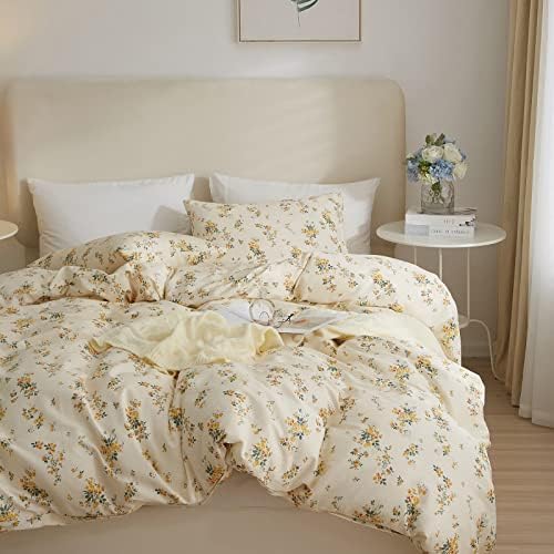 mixinni Aesthetic Floral Duvet Cover Set Queen Size, Farmhouse Boho Yellow Flowers Leaves Cute Bedding Set for Women, 1 Soft Cotton Chic Duver Cover and 2 Pillowcases for All Seasons-Queen Size