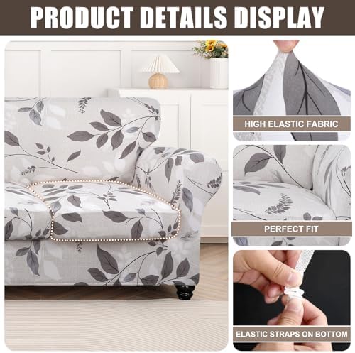 SearchI Stretch Sofa Cover Printed Couch Cover, Floral Pattern 3 Pieces Loveseat Slipcover with 2 Separate Cushion Cover, Washable Furniture Protector for Living Room(Loveseat, Elegant Foliage)
