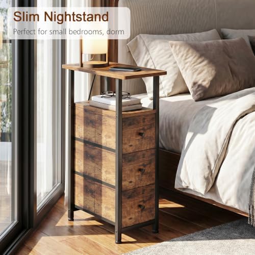 LOAKEKEL Narrow End Table with Charging Station, Small Nightstand