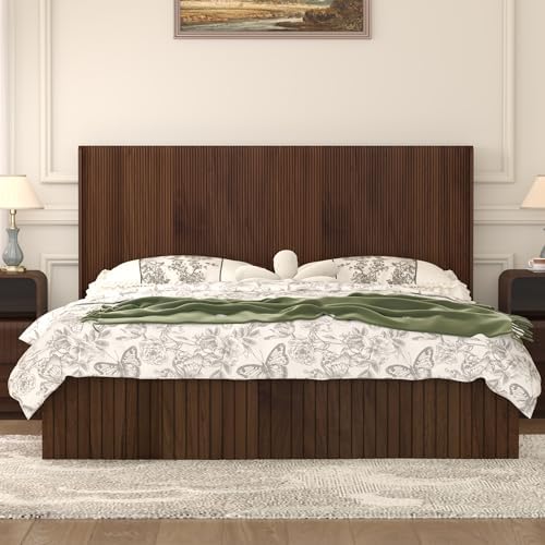 King Size Headboard Only, Fluted Wall-Mounted Head Board with Lighting, Modern Wood Bed headboard with with Charging Station Bedroom Decor, Walnut