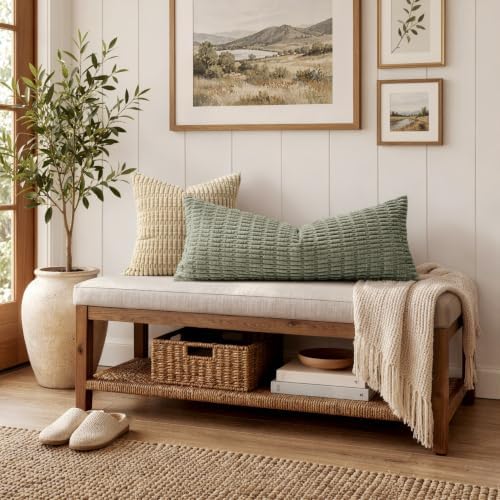 MIULEE Lumbar Corduroy Throw Pillow Cover for Bed 14x36 Light Olive Green