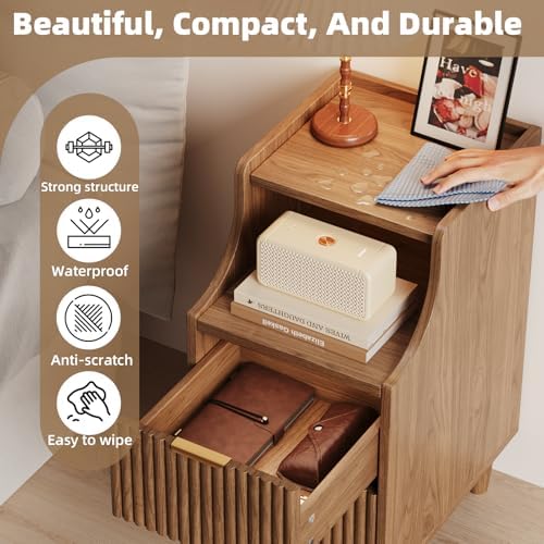 Narrow Nightstand Set of 2,11.8" Fluted Bedside Table Set of 2, Slim Side End Table with 2 Drawers, Wooden Bedside Table, Mid Century Modern Night Stand for Bedroom Livingroom Sofa Office