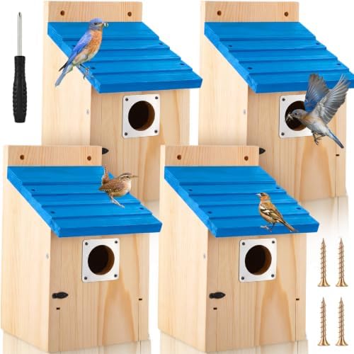 Dreyoo 4 Pack Bluebird Houses for Outside with Metal Predator Guard, 1-1/2" Entrance Hole Wooden Blue Bird Houses for Outdoors, Bluebird Nesting Box(Blue Roof, Wood Body)