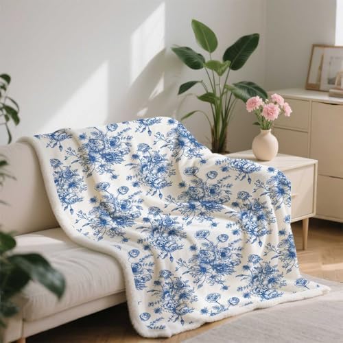 Blue Floral Throw Blanket, Botanical Floral Blanket, Soft, Flannel, Warm, Boho Aesthetic Bed Blankets All Season Flower Throw Blankets for Couch Bedroom Living Room 50X60 Inch