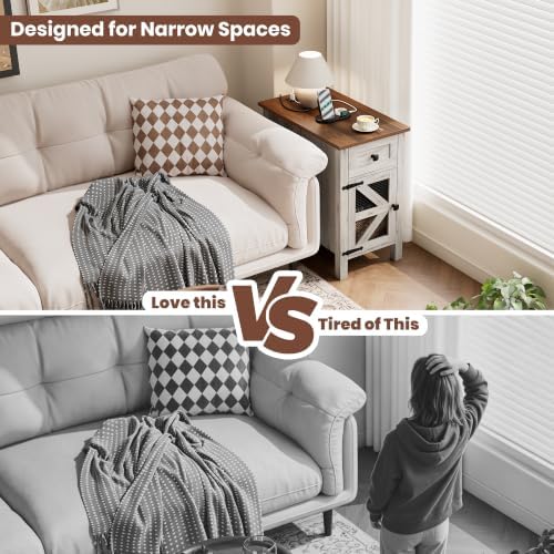 Farmhouse End Table with Charging Station,Narrow Side Tables with Storage