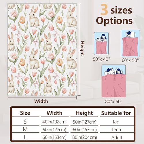 Cute Rabbit Easter Sofa Throw Blankets,Pink Tulip Flower Soft Cozy Fuzzy Lightweight Travel Blanket,Flannel Fleece Fall Throw Blanket for Couch,Bed,Camping,Movie Nights,Watching TV 40 X 50 Inch