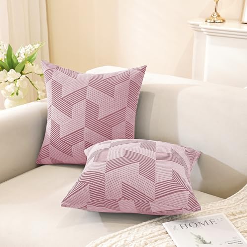 JIVINER Decorative Geometrical Throw Pillow Covers 18 x 18 Inch, Set of 2 Soft Modern Pattern Pillow Covers for Sofa, Couch, Living Room, Pink