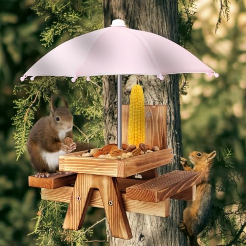 Gnodary Squirrel Feeder with Umbrella, Squirrel Feeders for Outside, Squirrel Picnic Table Feeder - Chipmunk Feeder Hold Corn, Corn Cob, Peanuts (Light Pink)