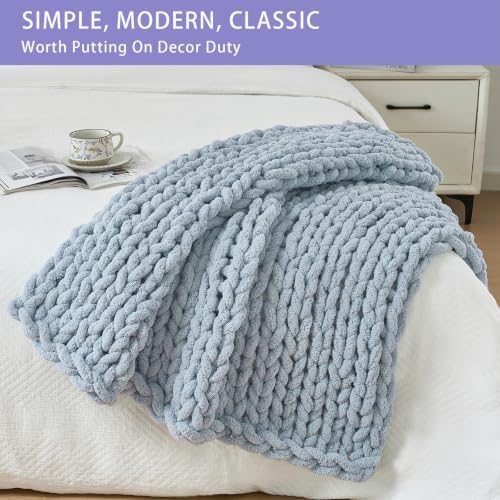 Bigacogo Chunky Knit Throw Blanket for Couch, 40x40 inches, Fog Blue