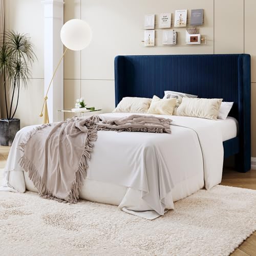 SHA CERLIN Full Corduroy Platform Bed with Tufted Wingback Headboard, Blue