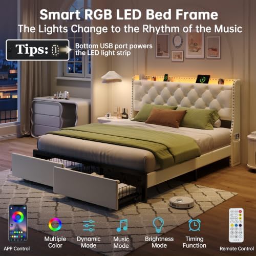 Queen Bed Frame with 2 Storage Drawers & Wingback Headboard, Beige