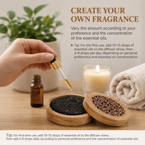 Passive Essential Oil Diffuser Stone, Small Lava Rock Diffuser Set Aromatherapy Stone for Desk Home Office Car Gift-Giving, Compact Wood Bas