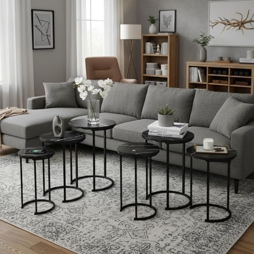 Lavish Home Round Nesting Tables Set of 6, Faux Marble Tabletop, Black