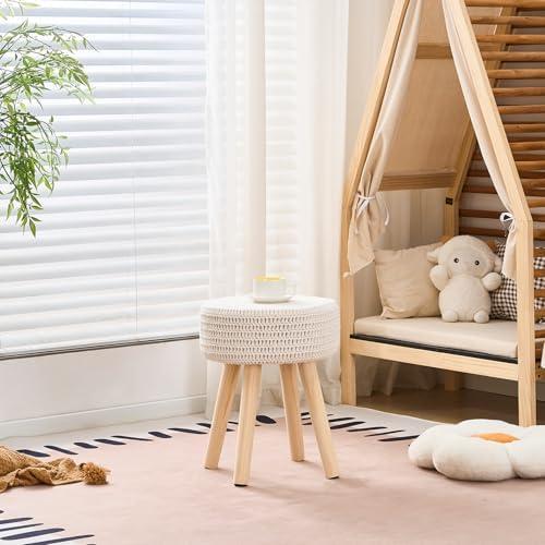13" Round Handmade Cotton Knitted Boho Small Ottoman with Non-Skid Wood Leg