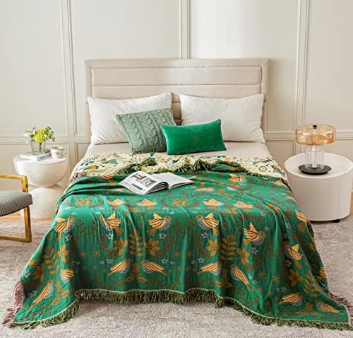 Green Fall Blanket 60''x 80'' Boho Throw Blankets for Couch Bed Chair,100% Cotton Quilts Christmas Warm Soft Blanket Muslin Bed Blankets Farmhouse Decoration