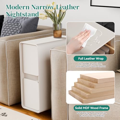 7.8" W Leather Narrow Nightstand Set of 2, Modern Fully-Assembled Bedside Table with 2 Drawers, White Night Stand Small Accent End Table & Side Table for Bedroom, Cream White