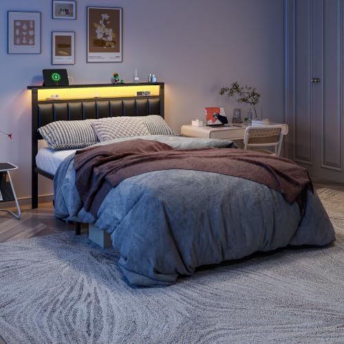 Furnulem Black Full Size Bed Frame with Charging Station & LED Lights