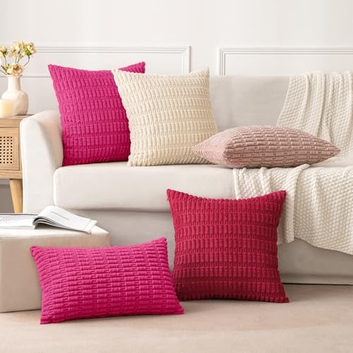 MIULEE Corduroy Decorative Throw Pillow Covers 18x18 Hot Pink Pack of 2
