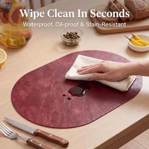 Oval Placemats Set of 8, Wipeable Faux Leather, Wine Red