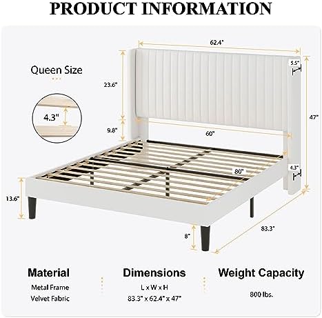 SHA CERLIN Queen Size Velvet Bed Frame, Tufted Wingback Headboard, White