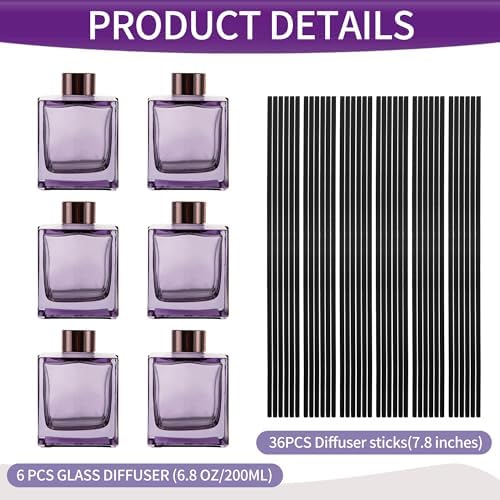 6 Pack Perfume Reed Diffuser Bottle,Empty Square Essential Oil Bottles Glass Jar with Black Sticks for DIY Fragrance Replacement Diffuser Sets (200ml/6.8 oz, Purple Color)