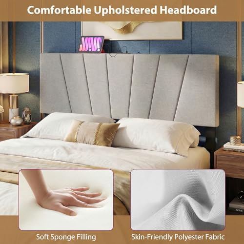 GIANTEX Headboard with Charging Station, Queen/Full Size Tufted Upholstered Head Board w/2 AC Outlets, USB & Type-C Ports, Rubber Wood Legs, Width Adjustable Modern Bed Headboard Only (Grey)