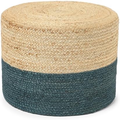 · REDEARTH · Jute Pouf Ottoman - Cylinder Half & Half - Natural Teal