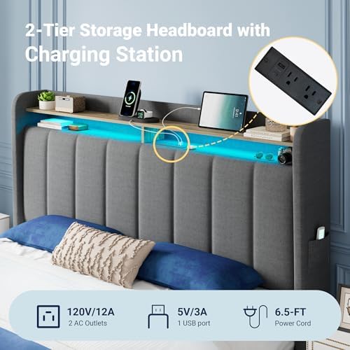 Allewie Queen Bed Frame with 2-Tier Storage Headboard & 2 Large Drawers