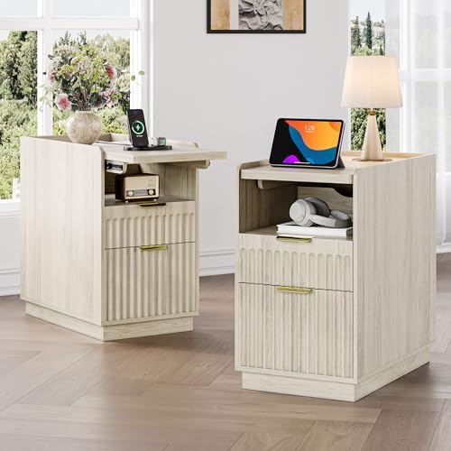 iPormis Fluted Narrow End Table Set of 2 with Charging & 2 Drawers, Natural