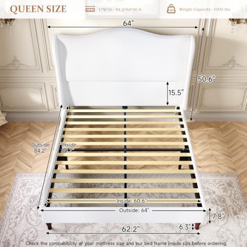 koorlian Queen Size Upholstered Bed Frame with 51'' Tall Headboard, White