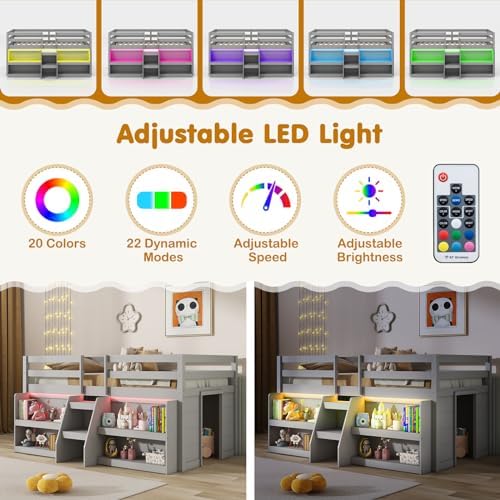 GIANTEX Twin Loft Bed with LED Lights, Wooden Loft Bed Twin Size with Stairs & Safety Guardrail, Low Loft Bed for Kids with Storage Bookcase and Under-Bed Play Space, Grey